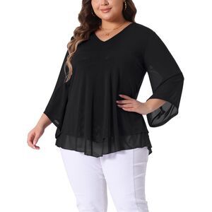 Plus Size 3/4 Sleeve Scoop Neck Double Layers Chiffon Blouse Black